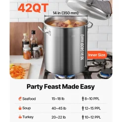 VEVOR Stainless Steel Stockpot, 42 Quart Large Cooking Pots, Cookware Sauce Pot with Basket, Lid, and Handle, Heavy Duty Commercial Grade Stock Pot, Sanding Treatment, for Large Groups Events Silver