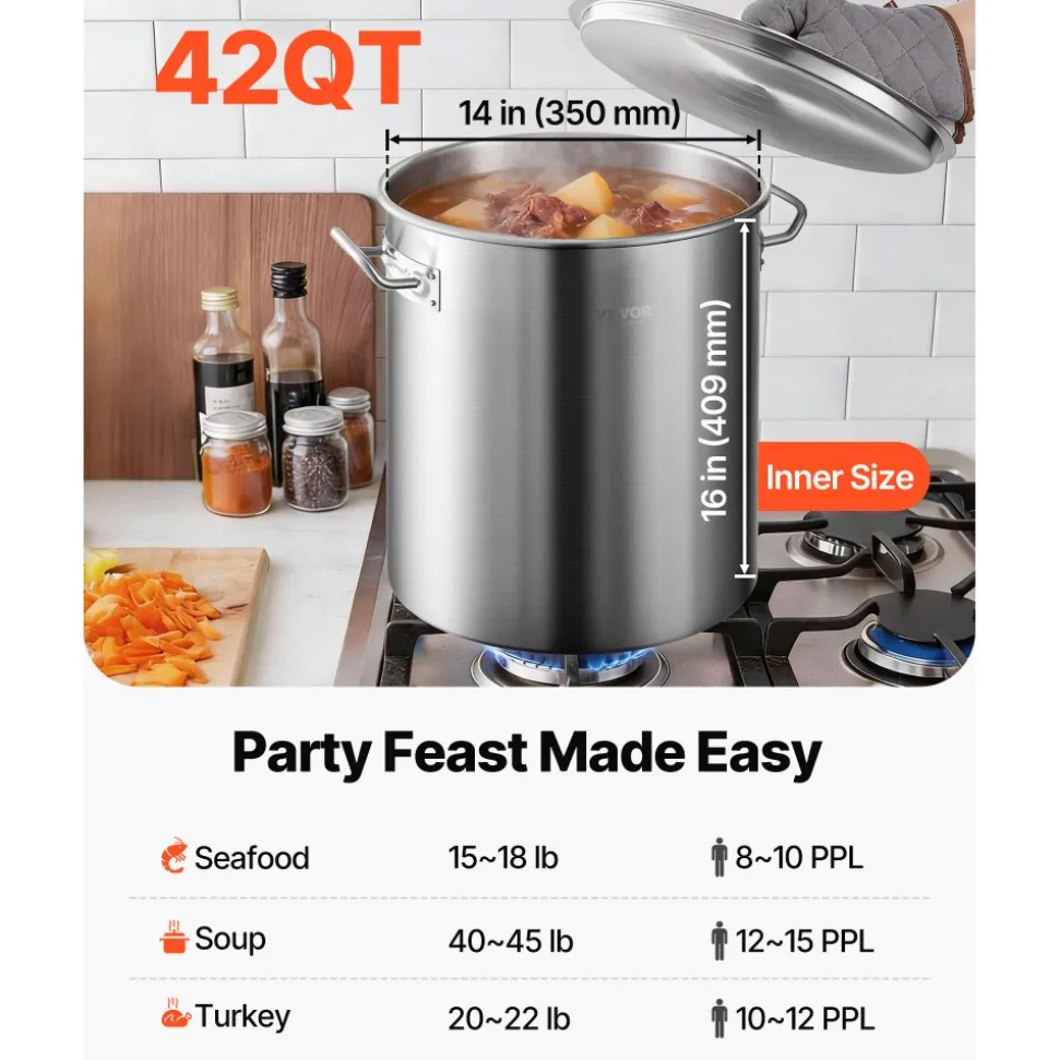 VEVOR Stainless Steel Stockpot, 42 Quart Large Cooking Pots, Cookware Sauce Pot with Basket, Lid, and Handle, Heavy Duty Commercial Grade Stock Pot, Sanding Treatment, for Large Groups Events Silver