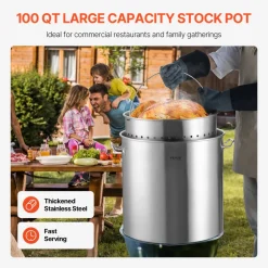 VEVOR Stainless Steel Stockpot, 100 Quart Large Cooking Pots, Cookware Sauce Pot with Basket, Lid, and Handle, Heavy Duty Commercial Grade Stock Pot, Sanding Treatment, for Large Groups Events Silver