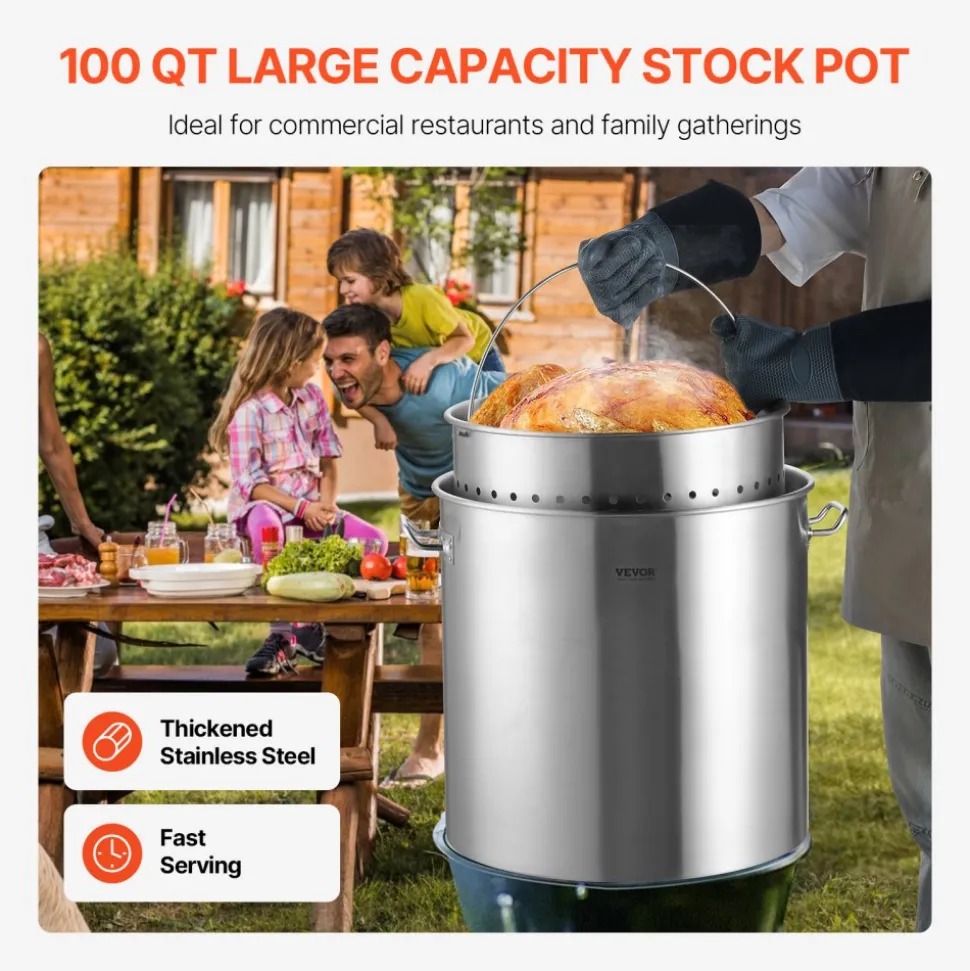 VEVOR Stainless Steel Stockpot, 100 Quart Large Cooking Pots, Cookware Sauce Pot with Basket, Lid, and Handle, Heavy Duty Commercial Grade Stock Pot, Sanding Treatment, for Large Groups Events Silver