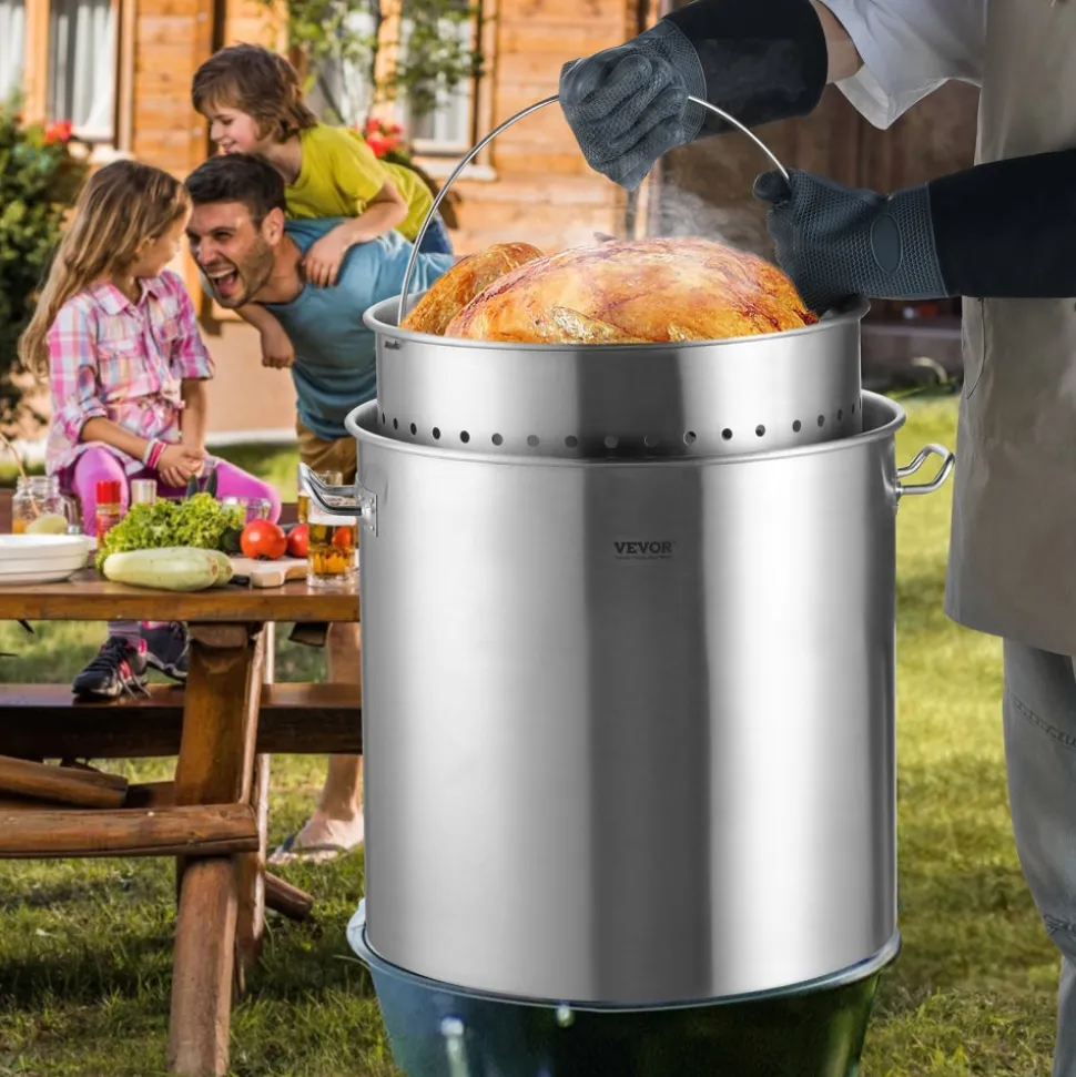VEVOR Stainless Steel Stockpot, 100 Quart Large Cooking Pots, Cookware Sauce Pot with Basket, Lid, and Handle, Heavy Duty Commercial Grade Stock Pot, Sanding Treatment, for Large Groups Events Silver