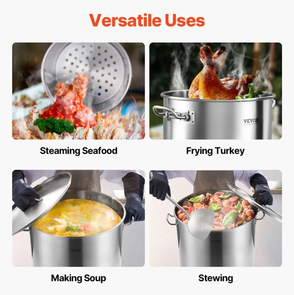 VEVOR Stainless Steel Stockpot, 100 Quart Large Cooking Pots, Cookware Sauce Pot with Basket, Lid, and Handle, Heavy Duty Commercial Grade Stock Pot, Sanding Treatment, for Large Groups Events Silver