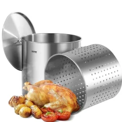 VEVOR Stainless Steel Stockpot, 100 Quart Large Cooking Pots, Cookware Sauce Pot with Basket, Lid, and Handle, Heavy Duty Commercial Grade Stock Pot, Sanding Treatment, for Large Groups Events Silver