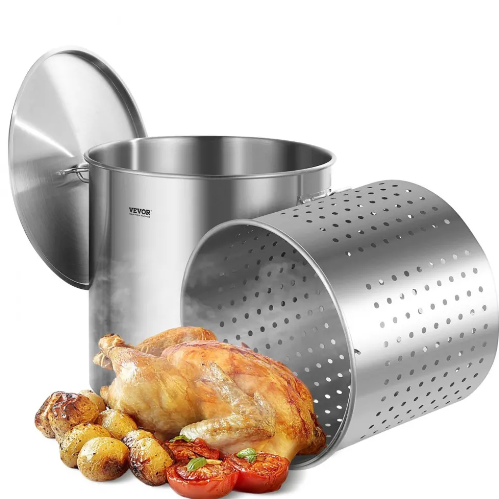 VEVOR Stainless Steel Stockpot, 100 Quart Large Cooking Pots, Cookware Sauce Pot with Basket, Lid, and Handle, Heavy Duty Commercial Grade Stock Pot, Sanding Treatment, for Large Groups Events Silver