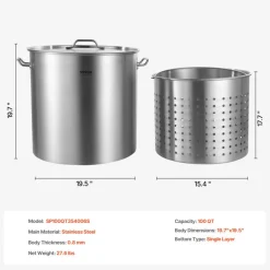 VEVOR Stainless Steel Stockpot, 100 Quart Large Cooking Pots, Cookware Sauce Pot with Basket, Lid, and Handle, Heavy Duty Commercial Grade Stock Pot, Sanding Treatment, for Large Groups Events Silver