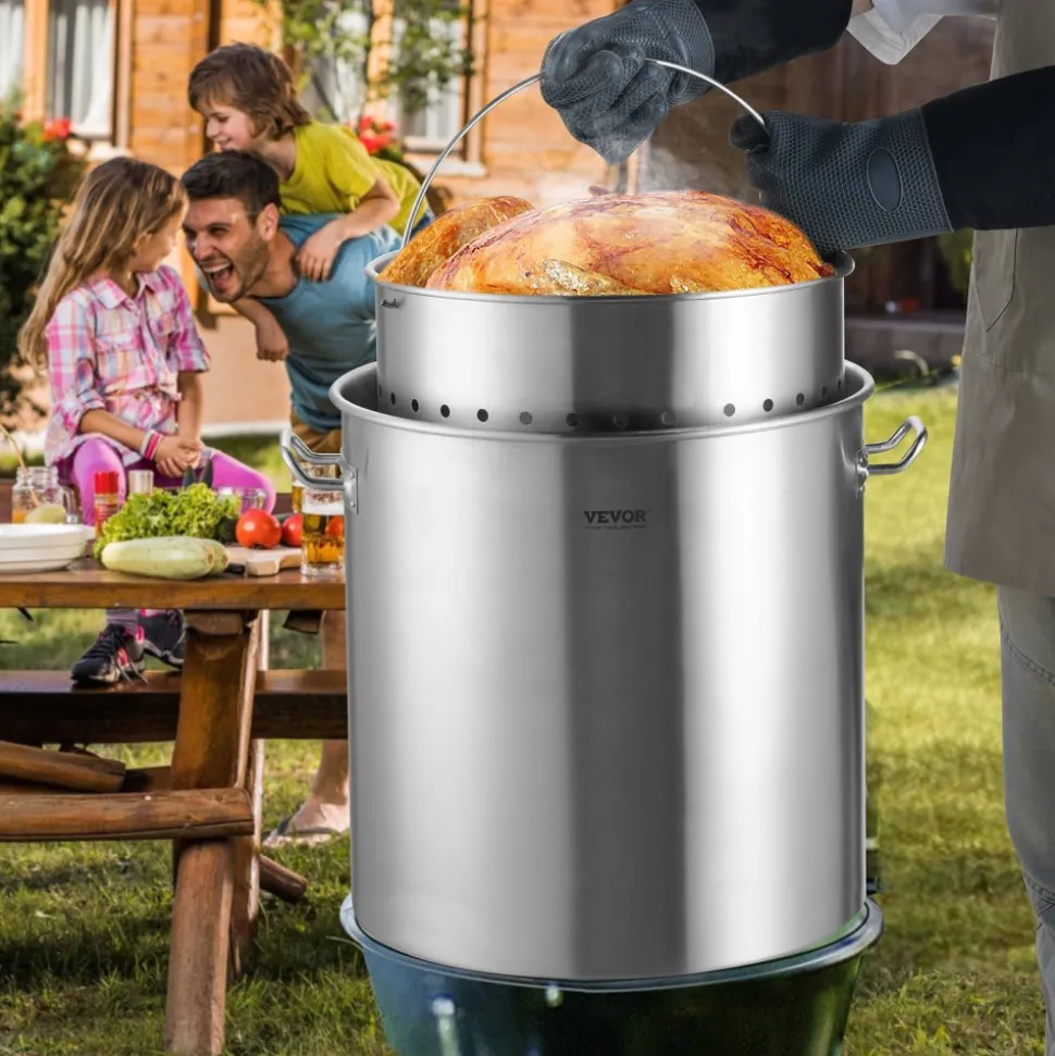 VEVOR Stainless Steel Stockpot, 84 Quart Large Cooking Pots, Cookware Sauce Pot with Basket, Lid, and Handle, Heavy Duty Commercial Grade Stock Pot, Sanding Treatment, for Large Groups Events Silver