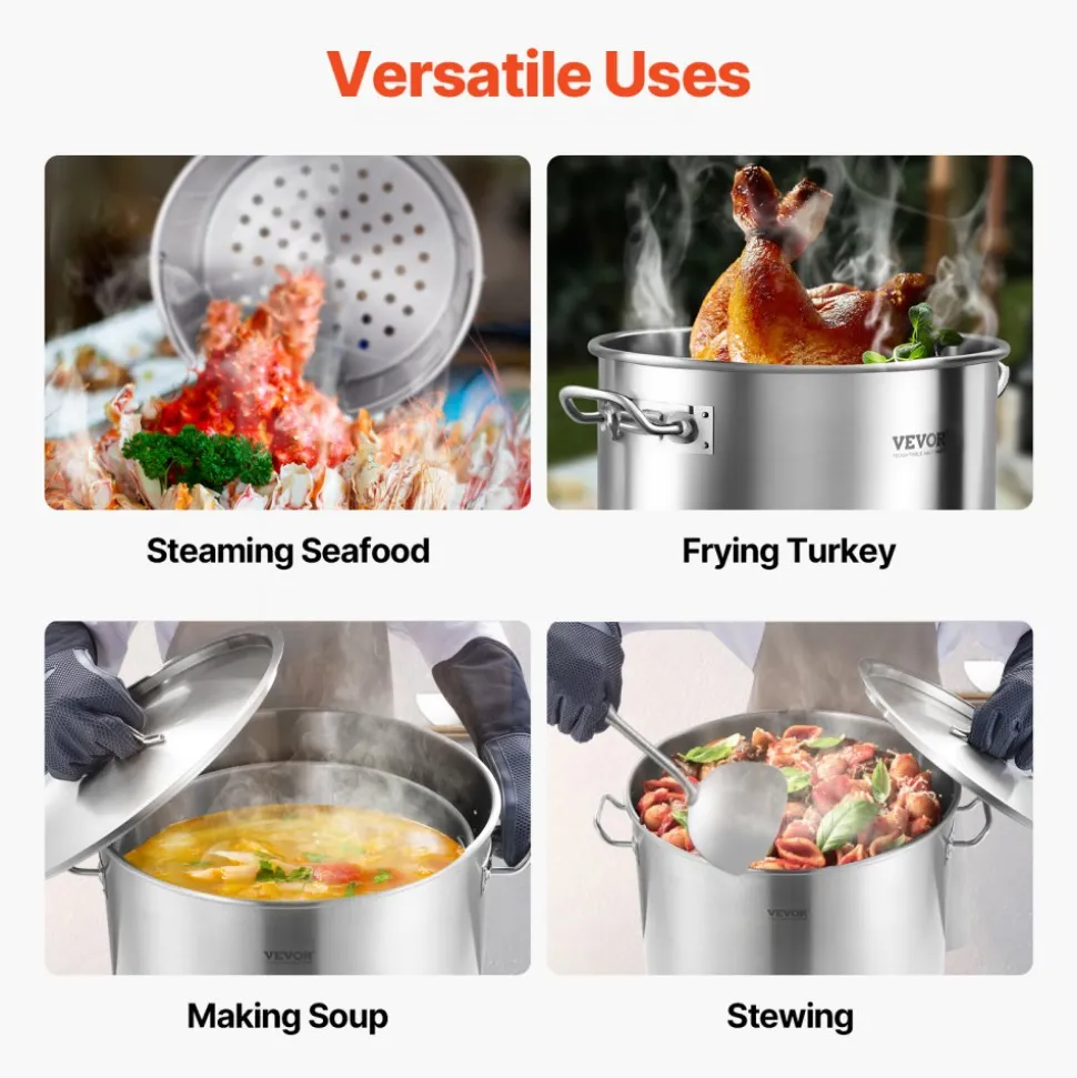 VEVOR Stainless Steel Stockpot, 84 Quart Large Cooking Pots, Cookware Sauce Pot with Basket, Lid, and Handle, Heavy Duty Commercial Grade Stock Pot, Sanding Treatment, for Large Groups Events Silver