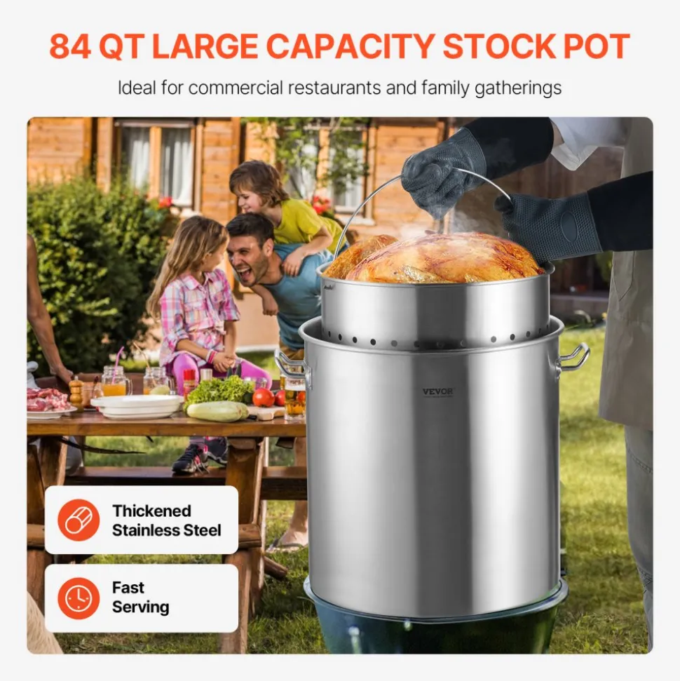 VEVOR Stainless Steel Stockpot, 84 Quart Large Cooking Pots, Cookware Sauce Pot with Basket, Lid, and Handle, Heavy Duty Commercial Grade Stock Pot, Sanding Treatment, for Large Groups Events Silver