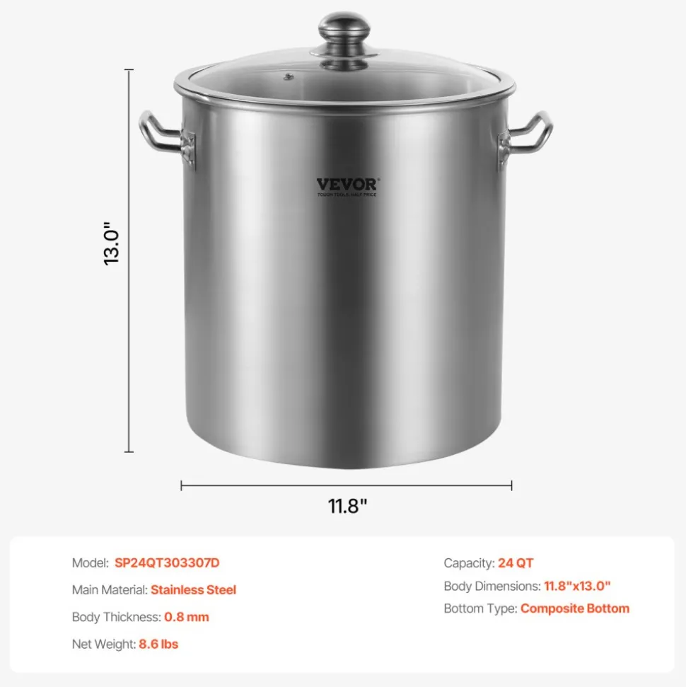 VEVOR Stainless Steel Stockpot, 24 Quart Cooking Pots, Cookware Sauce Pot with Lid, and Handle, Heavy Duty Commercial Grade Stock Pot, Sanding Treatment, for Steaming Boiling or Frying Silver