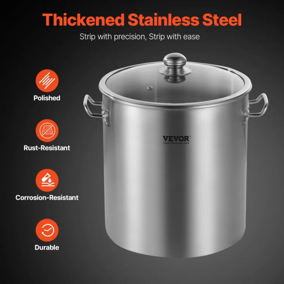 VEVOR Stainless Steel Stockpot, 24 Quart Cooking Pots, Cookware Sauce Pot with Lid, and Handle, Heavy Duty Commercial Grade Stock Pot, Sanding Treatment, for Steaming Boiling or Frying Silver