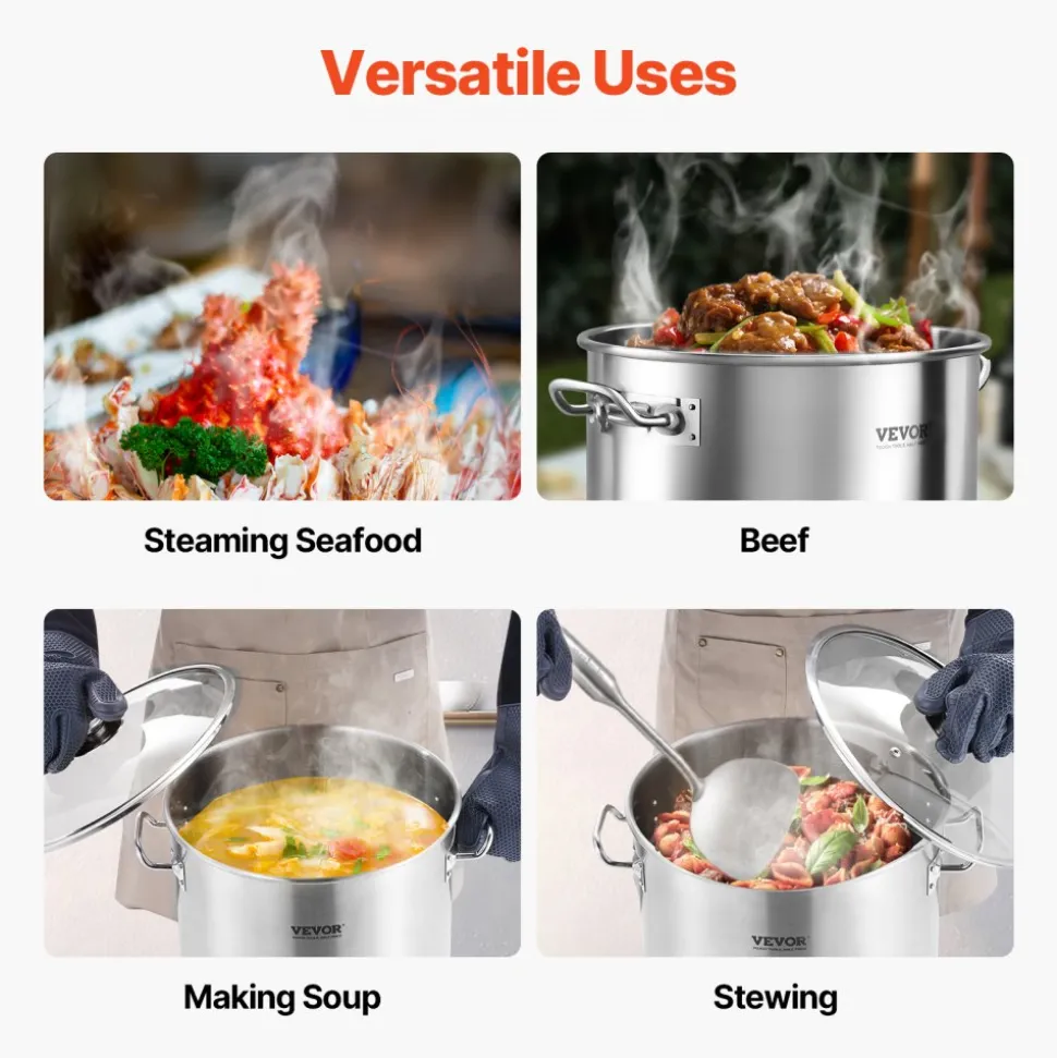 VEVOR Stainless Steel Stockpot, 24 Quart Cooking Pots, Cookware Sauce Pot with Lid, and Handle, Heavy Duty Commercial Grade Stock Pot, Sanding Treatment, for Steaming Boiling or Frying Silver