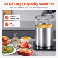 VEVOR Stainless Steel Stockpot, 24 Quart Cooking Pots, Cookware Sauce Pot with Lid, and Handle, Heavy Duty Commercial Grade Stock Pot, Sanding Treatment, for Steaming Boiling or Frying Silver