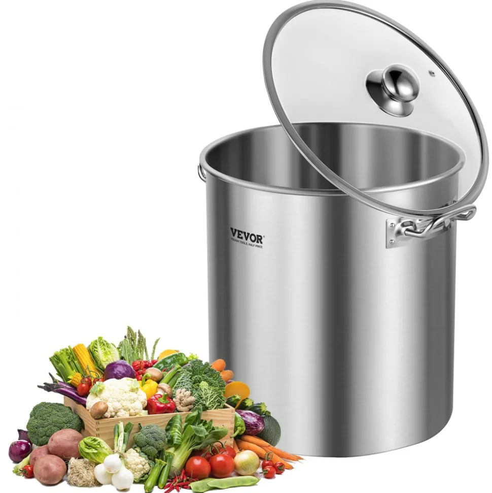VEVOR Stainless Steel Stockpot, 24 Quart Cooking Pots, Cookware Sauce Pot with Lid, and Handle, Heavy Duty Commercial Grade Stock Pot, Sanding Treatment, for Steaming Boiling or Frying Silver