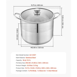 VEVOR Stainless Steel Stock Pot, 16-Quart Stainless Steel Stockpot with Glass Lid, PFOA-Free, PFAS-Free, Compatible with Gas Stoves, Induction Cooktops, Electric Stoves, for Soups, Stews, and Pasta