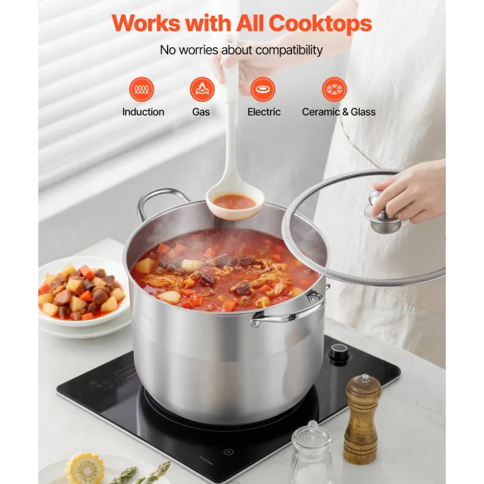 VEVOR Stainless Steel Stock Pot, 16-Quart Stainless Steel Stockpot with Glass Lid, PFOA-Free, PFAS-Free, Compatible with Gas Stoves, Induction Cooktops, Electric Stoves, for Soups, Stews, and Pasta