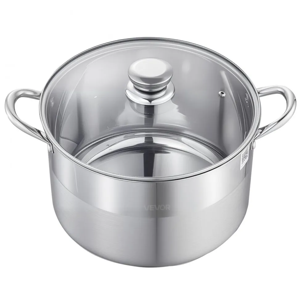 VEVOR Stainless Steel Stock Pot, 12-Quart Stainless Steel Stockpot with Glass Lid, PFOA-Free, PFAS-Free, Compatible with Gas Stoves, Induction Cooktops, Electric Stoves, for Soups, Stews, and Pasta