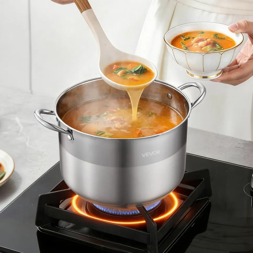 VEVOR Stainless Steel Stock Pot, 12-Quart Stainless Steel Stockpot with Glass Lid, PFOA-Free, PFAS-Free, Compatible with Gas Stoves, Induction Cooktops, Electric Stoves, for Soups, Stews, and Pasta