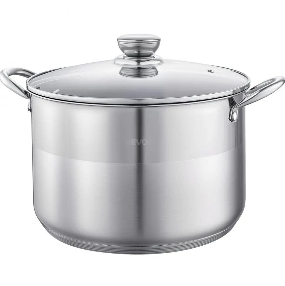 VEVOR Stainless Steel Stock Pot, 12-Quart Stainless Steel Stockpot with Glass Lid, PFOA-Free, PFAS-Free, Compatible with Gas Stoves, Induction Cooktops, Electric Stoves, for Soups, Stews, and Pasta