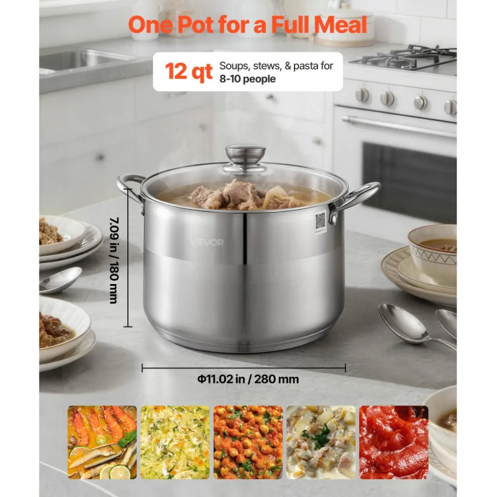 VEVOR Stainless Steel Stock Pot, 12-Quart Stainless Steel Stockpot with Glass Lid, PFOA-Free, PFAS-Free, Compatible with Gas Stoves, Induction Cooktops, Electric Stoves, for Soups, Stews, and Pasta