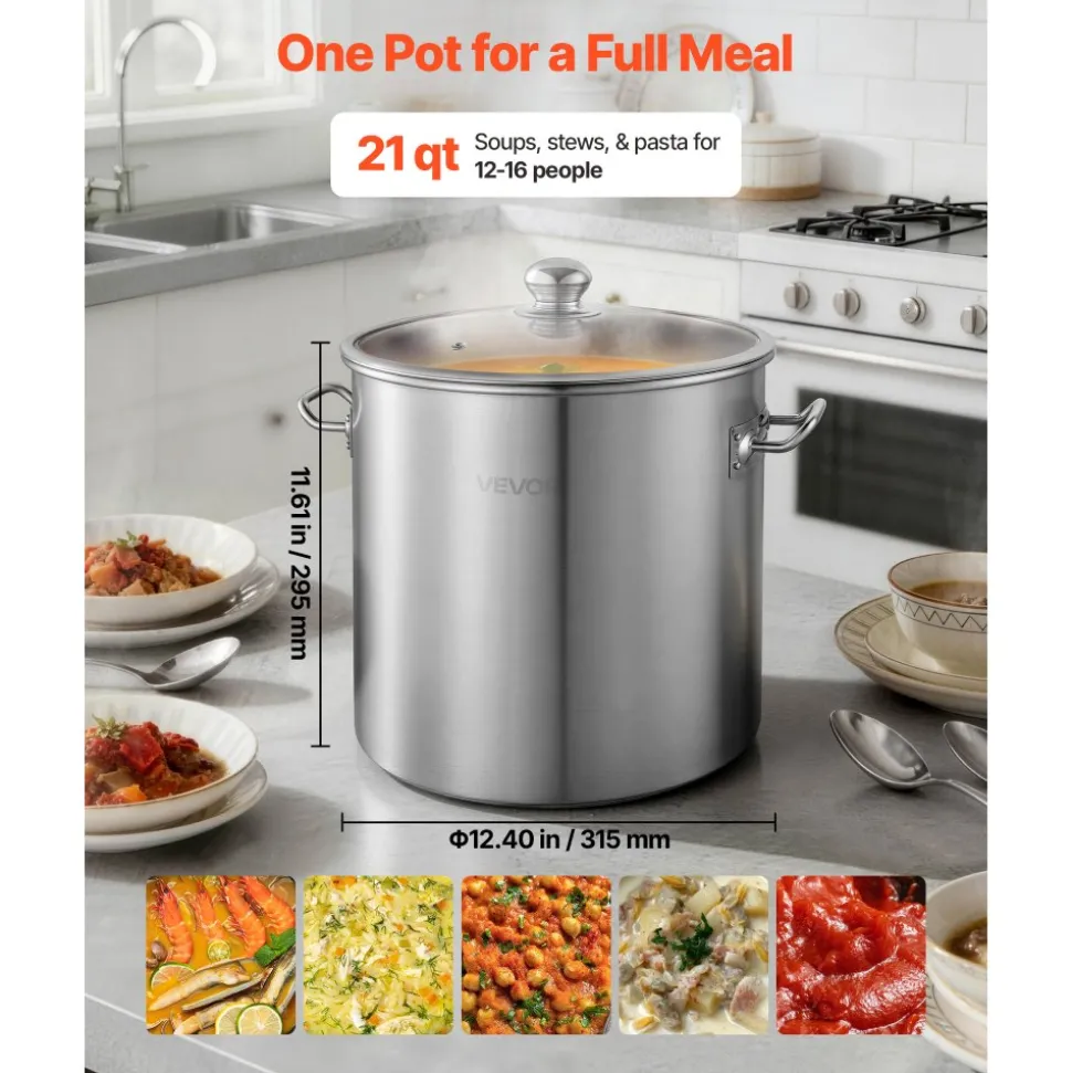 VEVOR Stainless Steel Stock Pot, 21-Quart Stainless Steel Stockpot with Glass Lid, PFOA-Free, PFAS-Free, Compatible with Gas Stoves, Induction Cooktops, Electric Stoves, for Soups, Stews, and Pasta