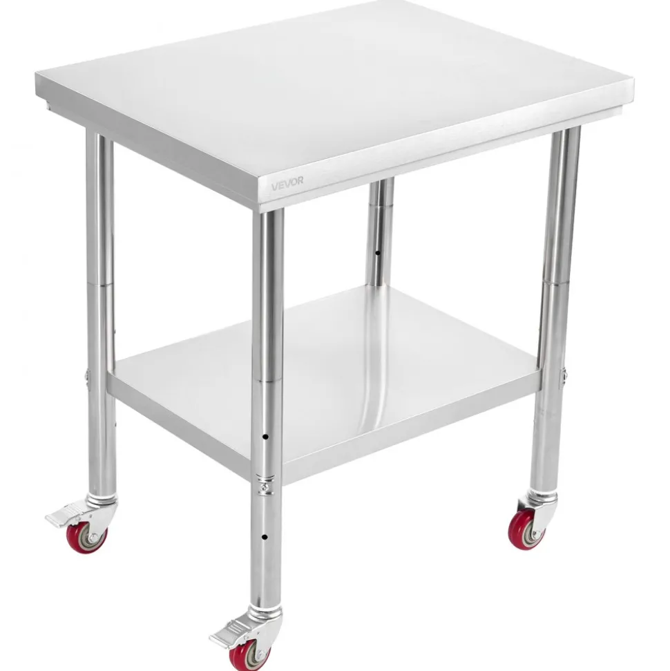 VEVOR Stainless Steel Table, 24 x 30 Inches Food Prep Worktable with Wheels, Kitchen Prep Table with Adjustable Undershelf Workstations for Commercial Kitchen, Restaurant, Hotel and Garage, Outdoor