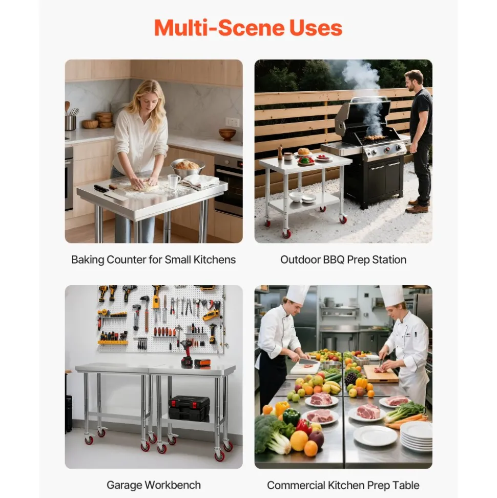 VEVOR Stainless Steel Table, 24 x 30 Inches Food Prep Worktable with Wheels, Kitchen Prep Table with Adjustable Undershelf Workstations for Commercial Kitchen, Restaurant, Hotel and Garage, Outdoor