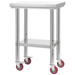VEVOR Stainless Steel Table, 24 x 18 Inches Food Prep Worktable with Wheels, Kitchen Prep Table with Adjustable Undershelf Workstations for Commercial Kitchen, Restaurant, Hotel and Garage, Outdoor