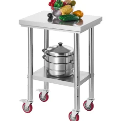 VEVOR Stainless Steel Table, 24 x 18 Inches Food Prep Worktable with Wheels, Kitchen Prep Table with Adjustable Undershelf Workstations for Commercial Kitchen, Restaurant, Hotel and Garage, Outdoor