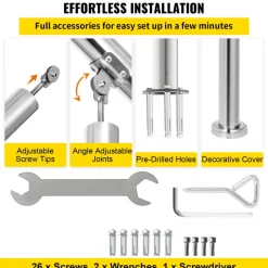 VEVOR Stainless Steel Transitional Handrail fit for Level Surface and 2 to 3 Adjustable Stair Indoor Outdoor Step Railings 441lb Capacity with Installation Kit Porch DIY, Silver