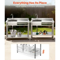 VEVOR Stainless Steel Utility Sink, Free Standing Single Bowl Commercial Kitchen Sink with Faucet, Utility Right Basin Workbench with Hot & Cold Water Pipe for Garage Restaurant Laundry, 47x19.7x37 in