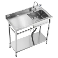 VEVOR Stainless Steel Utility Sink, Free Standing Single Bowl Commercial Kitchen Sink with Faucet, 39.4 x 19.7 x 37 in, Utility Left Basin with Hot & Cold Water Pipe for Garage, Restaurant, Laundry