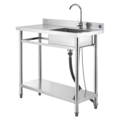 VEVOR Stainless Steel Utility Sink, Free Standing Single Bowl Commercial Kitchen Sink with Faucet, 39.4 x 19.7 x 37 in, Utility Left Basin with Hot & Cold Water Pipe for Garage, Restaurant, Laundry