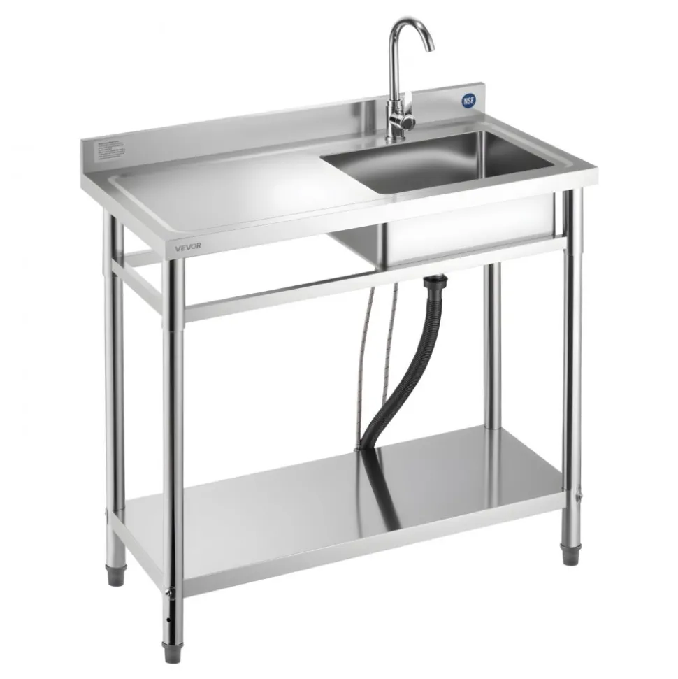 VEVOR Stainless Steel Utility Sink, Free Standing Single Bowl Commercial Kitchen Sink with Faucet, 39.4 x 19.7 x 37 in, Utility Left Basin with Hot & Cold Water Pipe for Garage, Restaurant, Laundry