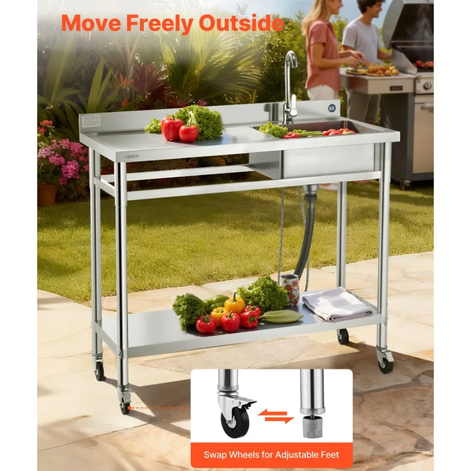 VEVOR Stainless Steel Utility Sink, Rolling Single Bowl Commercial Kitchen Sink with Wheels, Faucet and Hot & Cold Water Pipe, Utility Basin Workbench for Garage Restaurant Laundry 47.2 x 19.7 x 41.5 in