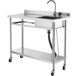 VEVOR Stainless Steel Utility Sink, Rolling Single Bowl Commercial Kitchen Sink with Wheels, Faucet and Hot & Cold Water Pipe, Utility Basin Workbench for Garage Restaurant Laundry 47.2 x 19.7 x 41.5 in