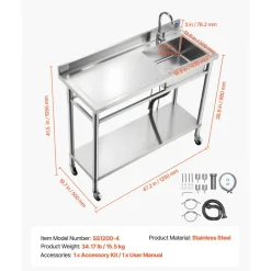 VEVOR Stainless Steel Utility Sink, Rolling Single Bowl Commercial Kitchen Sink with Wheels, Faucet and Hot & Cold Water Pipe, Utility Basin Workbench for Garage Restaurant Laundry 47.2 x 19.7 x 41.5 in