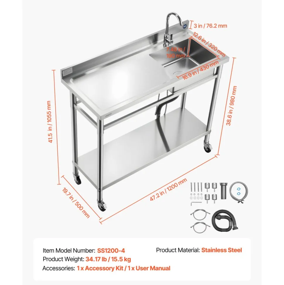 VEVOR Stainless Steel Utility Sink, Rolling Single Bowl Commercial Kitchen Sink with Wheels, Faucet and Hot & Cold Water Pipe, Utility Basin Workbench for Garage Restaurant Laundry 47.2 x 19.7 x 41.5 in