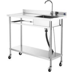 VEVOR Stainless Steel Utility Sink, Rolling Single Bowl Commercial Kitchen Sink with Wheels, Faucet and Hot & Cold Water Pipe, Utility Basin Workbench for Garage Restaurant Laundry 47.2 x 19.7 x 41.5 in