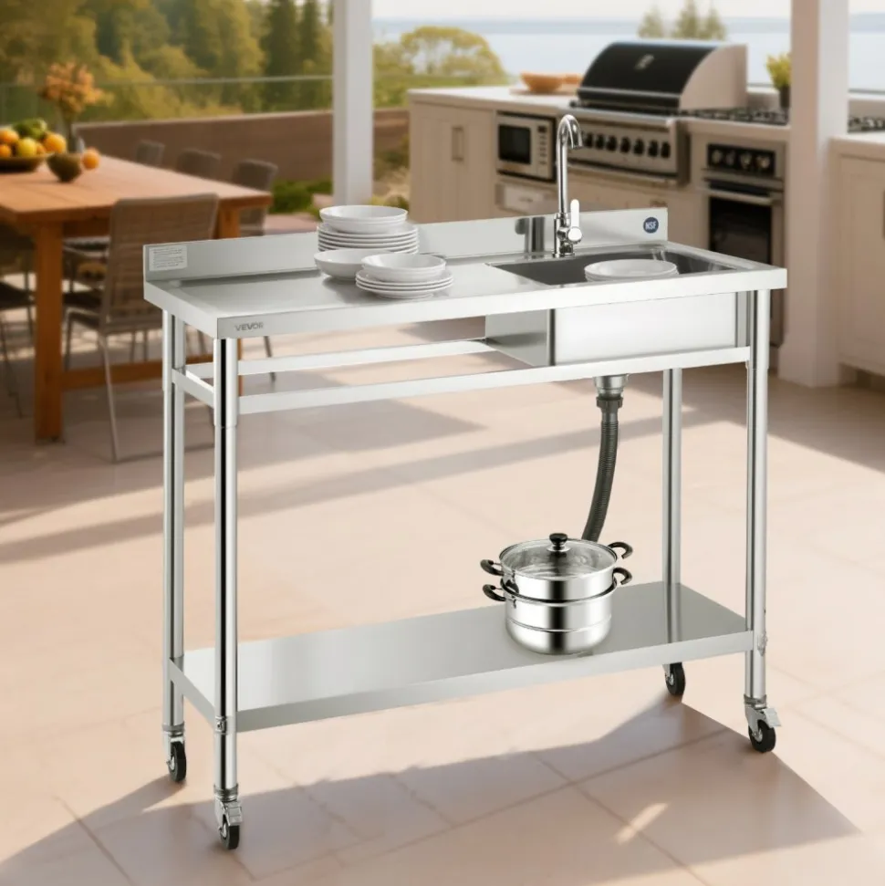 VEVOR Stainless Steel Utility Sink, Rolling Single Bowl Commercial Kitchen Sink with Wheels, Faucet and Hot & Cold Water Pipe, Utility Basin Workbench for Garage Restaurant Laundry 47.2 x 19.7 x 41.5 in