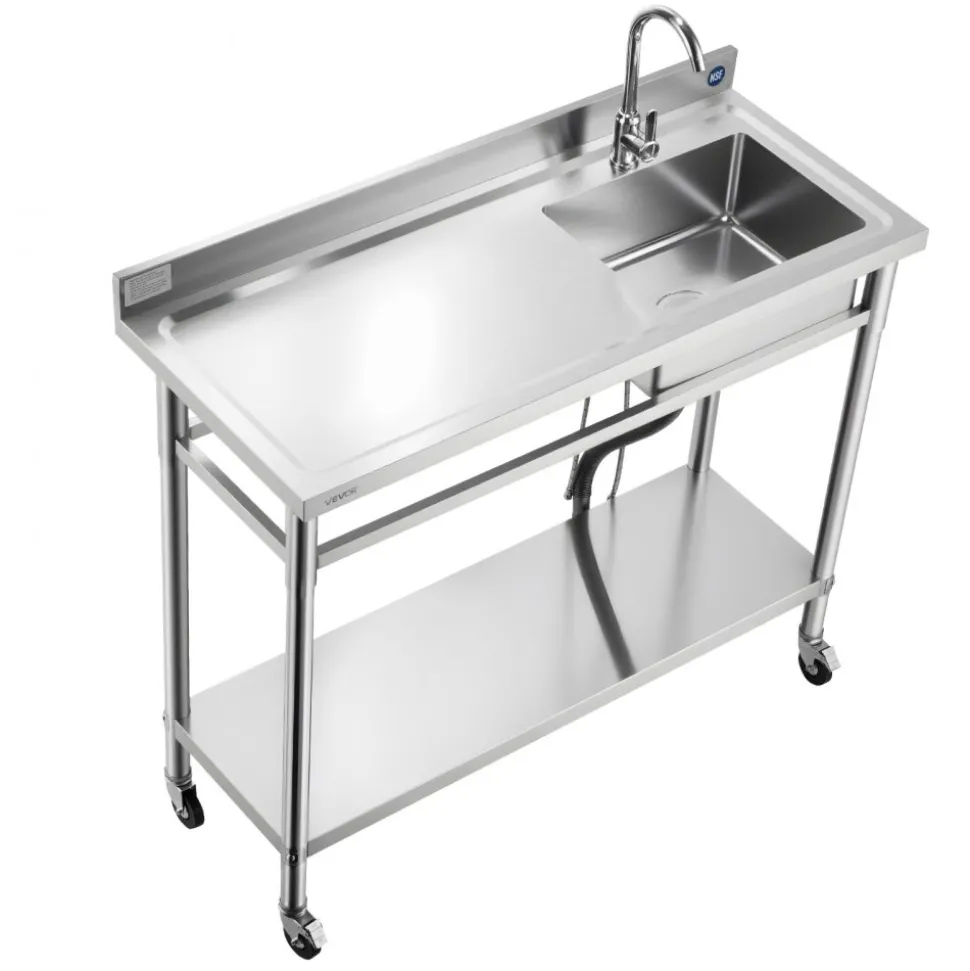 VEVOR Stainless Steel Utility Sink, Rolling Single Bowl Commercial Kitchen Sink with Wheels, Faucet and Hot & Cold Water Pipe, Utility Basin Workbench for Garage Restaurant Laundry 47.2 x 19.7 x 41.5 in