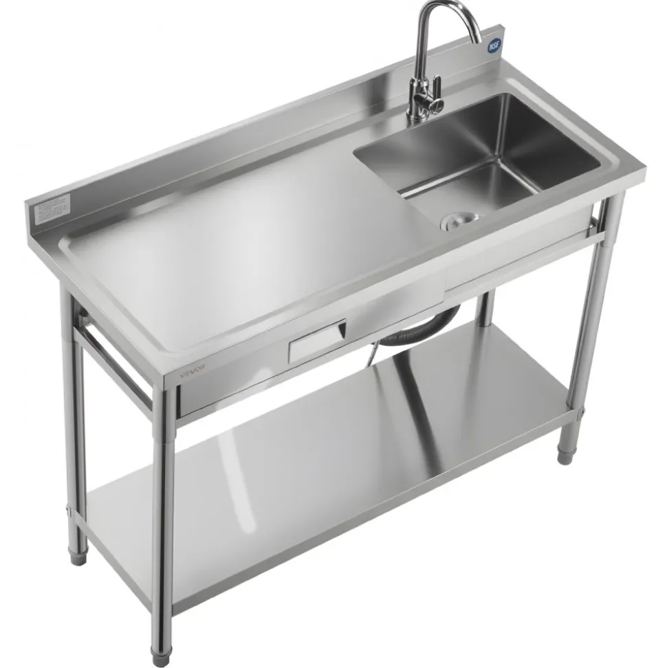 VEVOR Stainless Steel Utility Sink, Free Standing Single Bowl Commercial Kitchen Sink with Faucet and Hot & Cold Water Pipe, Dual Storage Shelves for Garage, Restaurant, Laundry, 47.2 x 19.7 x 37 in