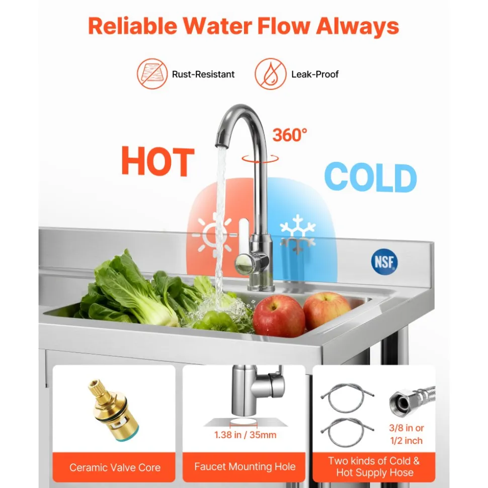VEVOR Stainless Steel Utility Sink, Free Standing Single Bowl Commercial Kitchen Sink with Faucet and Hot & Cold Water Pipe, Dual Storage Shelves for Garage, Restaurant, Laundry, 47.2 x 19.7 x 37 in