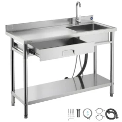 VEVOR Stainless Steel Utility Sink, Free Standing Single Bowl Commercial Kitchen Sink with Faucet and Hot & Cold Water Pipe, Dual Storage Shelves for Garage, Restaurant, Laundry, 47.2 x 19.7 x 37 in