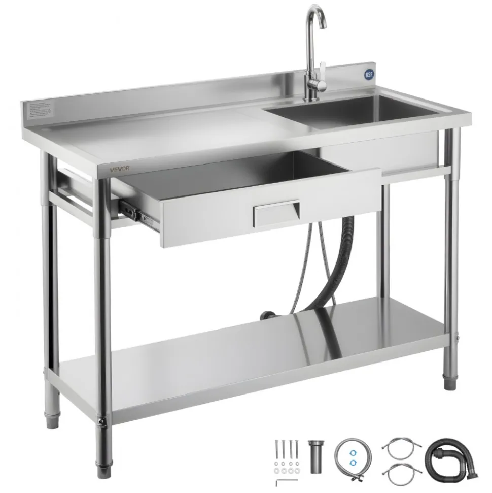 VEVOR Stainless Steel Utility Sink, Free Standing Single Bowl Commercial Kitchen Sink with Faucet and Hot & Cold Water Pipe, Dual Storage Shelves for Garage, Restaurant, Laundry, 47.2 x 19.7 x 37 in