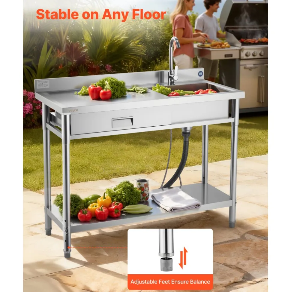 VEVOR Stainless Steel Utility Sink, Free Standing Single Bowl Commercial Kitchen Sink with Faucet and Hot & Cold Water Pipe, Dual Storage Shelves for Garage, Restaurant, Laundry, 47.2 x 19.7 x 37 in
