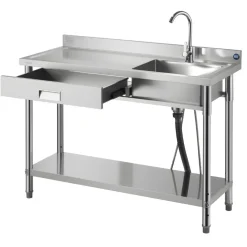 VEVOR Stainless Steel Utility Sink, Free Standing Single Bowl Commercial Kitchen Sink with Faucet and Hot & Cold Water Pipe, Dual Storage Shelves for Garage, Restaurant, Laundry, 47.2 x 19.7 x 37 in