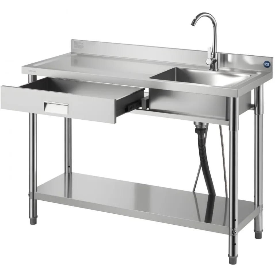 VEVOR Stainless Steel Utility Sink, Free Standing Single Bowl Commercial Kitchen Sink with Faucet and Hot & Cold Water Pipe, Dual Storage Shelves for Garage, Restaurant, Laundry, 47.2 x 19.7 x 37 in