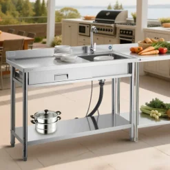 VEVOR Stainless Steel Utility Sink, Free Standing Single Bowl Commercial Kitchen Sink with Faucet and Hot & Cold Water Pipe, Dual Storage Shelves for Garage, Restaurant, Laundry, 47.2 x 19.7 x 37 in