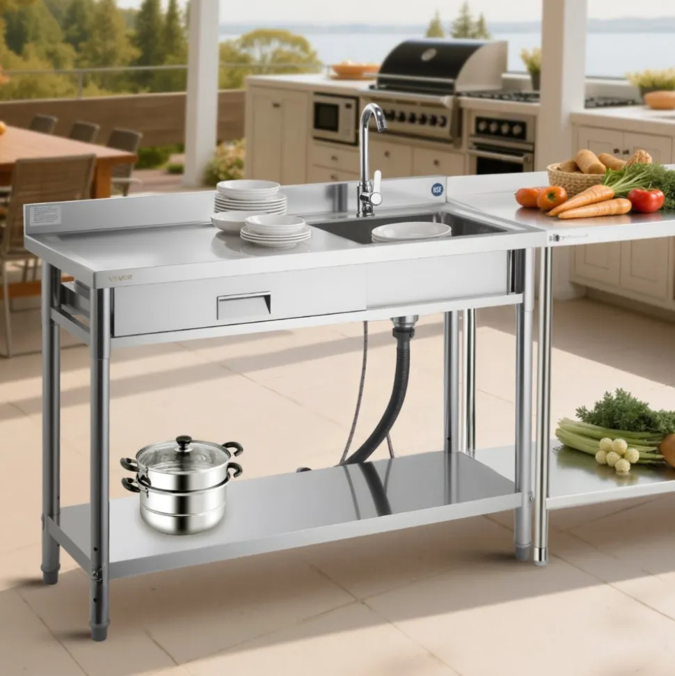 VEVOR Stainless Steel Utility Sink, Free Standing Single Bowl Commercial Kitchen Sink with Faucet and Hot & Cold Water Pipe, Dual Storage Shelves for Garage, Restaurant, Laundry, 47.2 x 19.7 x 37 in