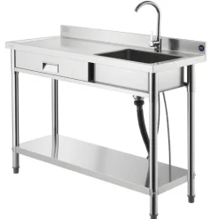 VEVOR Stainless Steel Utility Sink, Free Standing Single Bowl Commercial Kitchen Sink with Faucet and Hot & Cold Water Pipe, Dual Storage Shelves for Garage, Restaurant, Laundry, 47.2 x 19.7 x 37 in